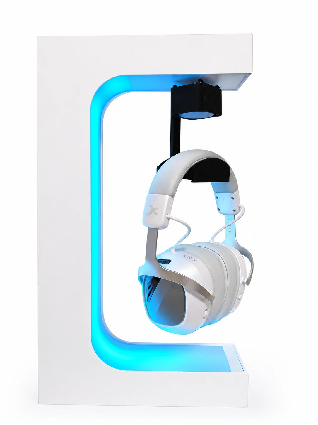 Angled view of Arctic White Beacon 01 holding headphones