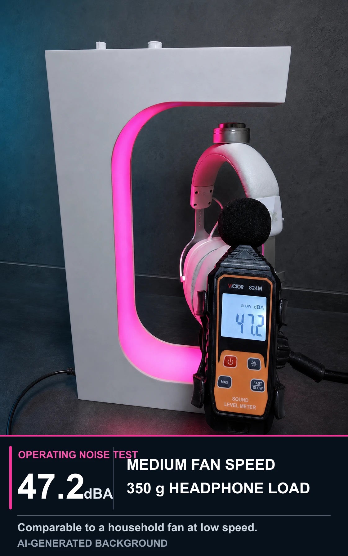 Beacon 01 with a 350 g headphone load beside a sound level meter displaying 47.2 dBA during a medium fan-speed test